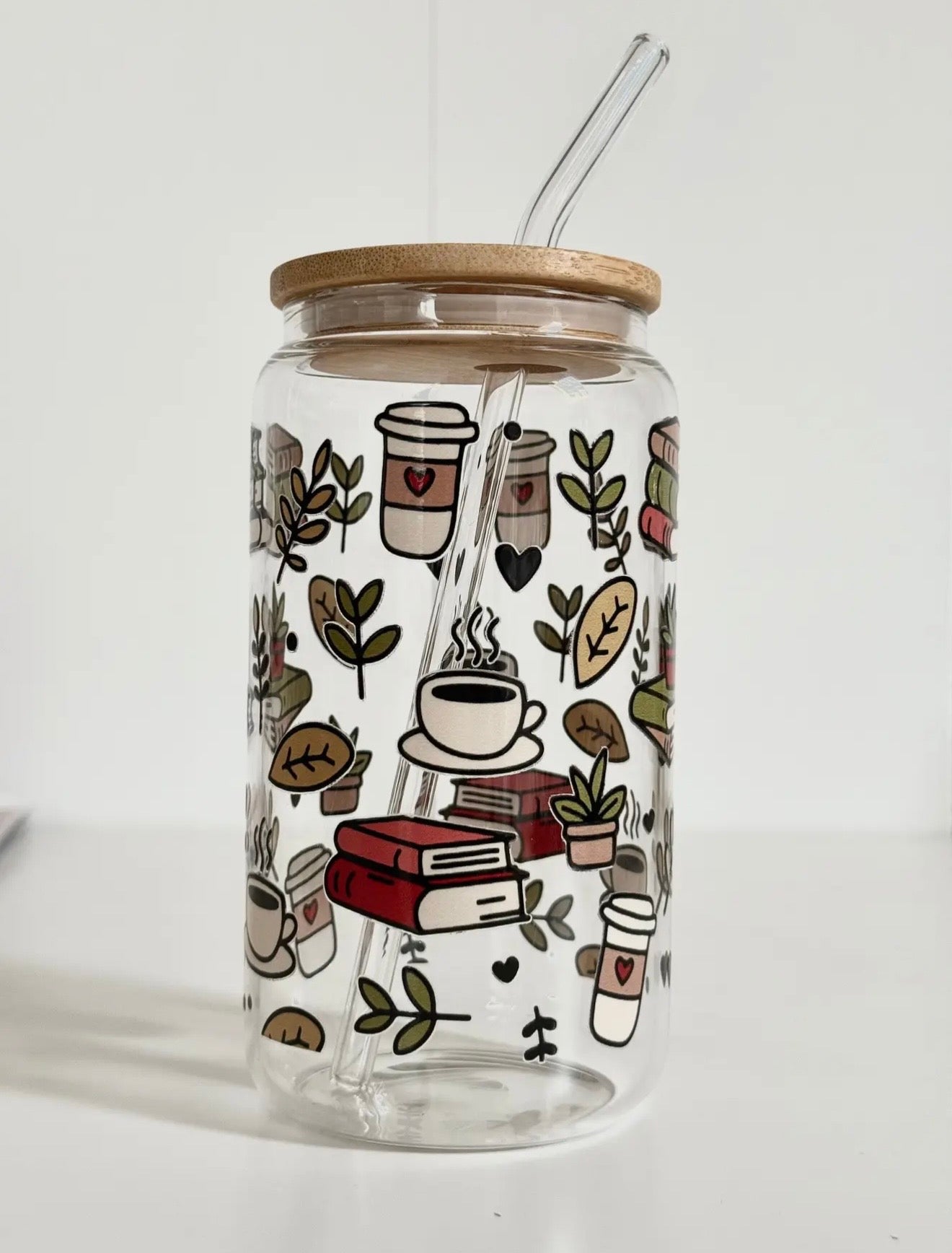 Vaso de Vidrio Libros y Café | 550 ml