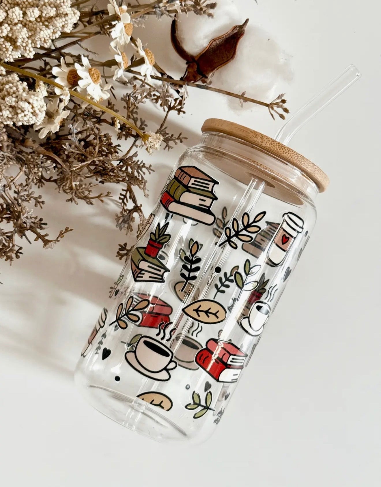 Vaso de Vidrio Libros y Café | 550 ml